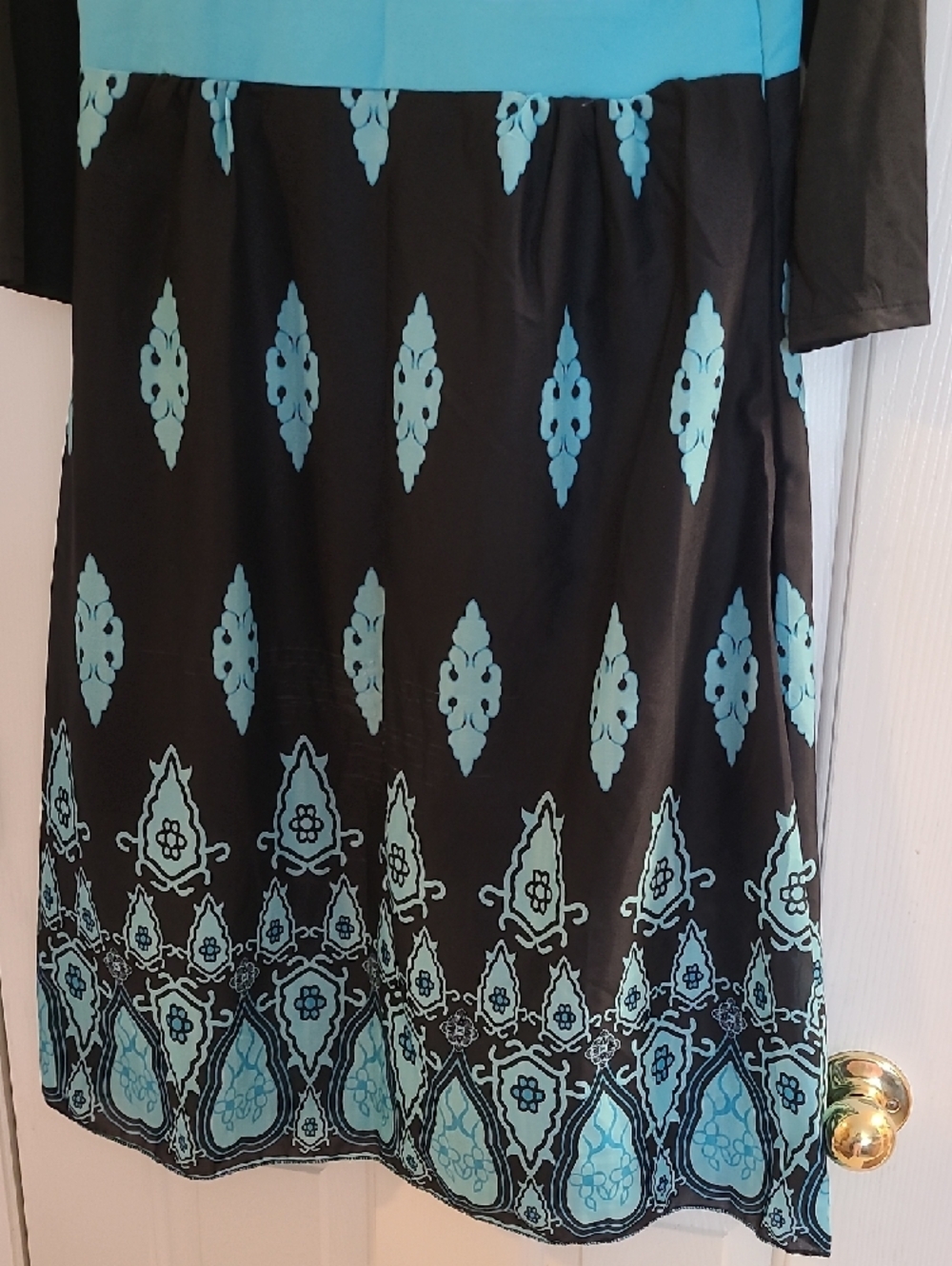 Black Dress with Teal Pattern and Waistband - Picture 5 of 6